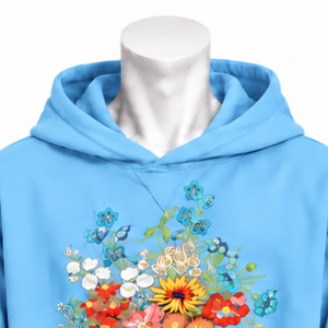 Sweat-shirt à capuche bleu ciel avec broderie florale multicolore, poche kangourou, coupe ample, style streetwear décontracté - Product Image 3