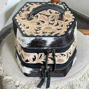 Estuche de joyería de cuero floral hecho a mano de primera calidad, cuero genuino de vaca, doble compartimento, organizador de joyas portátil para viaje. - Product Image 2