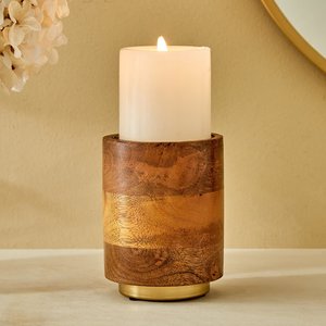 Modern Wooden Pillar <b>Candle</b> Holder <b>Set</b> with Gold Accent Base Decorative Tabletop Stand for Home Living Room Wedding Party Decor - Product Image 3