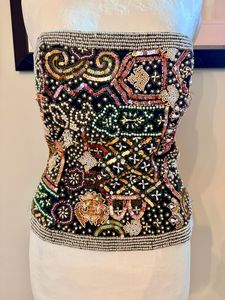 Women <b>Strapless</b> Sequined Beaded Crop <b>Top</b> Sleeveless Tube Camisole Club Party Tank <b>Tops</b> Floral Pattern Satin Fabric COTTON - Product Image 4