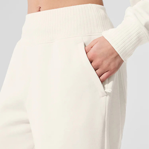 High <b>Waist</b> Straight Knitted Polyester Pants Solid Color Regular Fit <b>Elastic</b> <b>Waist</b> Casual Full Length Breathable Embossed Women's - Product Image 4
