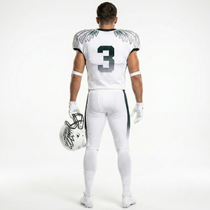 Custom Digital Printed American Football Uniform in White with Green Color Combination Breathable Sports Clothings at Wholesale - Product Image 4
