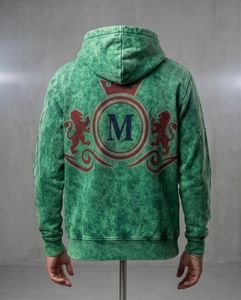Men's Green Hooded Sweatshirt Embroidered Rhinestone M Logo Back Casual Regular Fit Autumn Cotton French Terry <b>Zip</b> <b>Up</b> <b>Jacket</b> - Product Image 2
