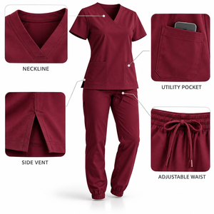Conjunto de Uniforme Médico para Mujer, Color Borgoña, Cuello en V, Manga Corta, con Pantalones - Product Image 6