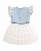 Ensemble haut brocart à fleurs pour bébés filles, avec jupe en Tulle, manches bouffantes, col rond, tenue de printemps pour nourrissons et tout-petits