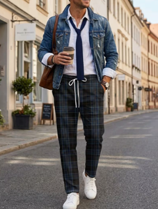 Men's Blue Plaid <b>Wide</b> <b>Leg</b> <b>Pants</b> Casual Drawstring Elastic Waist Loose Fit Summer Lightweight Trousers - Product Image 5
