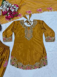 Elegant Gold Silk Salwar Kameez Set With Pink Floral Embroidery And <b>Sequin</b> Work Traditional Indian Wedding Outfit - Product Image 4