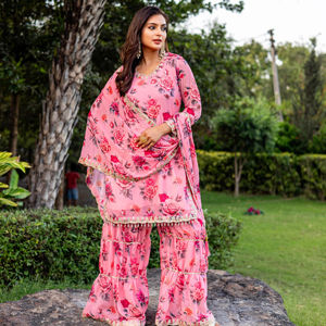 Nouvelle georgette lourde d'été ethnique avec broderie et imprimé floral pour haut de fête Style Plazzo Dupatta - Product Image 1