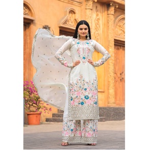 Conjunto de Kurta y Palazzo Bordado Blanco de Primera Calidad para Mujer con Diseños Exclusivos para Fiestas y Eventos en Venta - Product Image 6