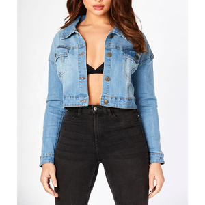 Veste en jean courte pour femme, manches longues, fermeture boutonnée, col rabattu, style trucker classique, coupe classique, veste en jean printemps - Product Image 1