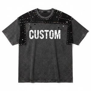 เสื้อยืดโอเวอร์ไซส์สีดำแบบฟอกกรด พรีเมียม 280GSM เนื้อผ้าหนา |   เสื้อยืดสตรีทแวร์ลายพังก์ร็อกประดับหมุดและป้ายติดไหล่ - Product Image 1