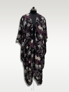 Floral Embroidered Chiffon Kimono Maxi Dress Loose Boho Style <b>Three</b> Quarter Sleeve Asymmetrical Hem Black Purple White Pattern - Product Image 1