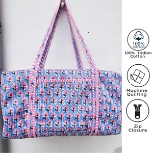 Blue Floral Hand Block Printed Cotton Sport Duffel <b>Bag</b> <b>Large</b> Capacity Zipper Closure Casual Travel Weekend for Striped Handles - Product Image 5