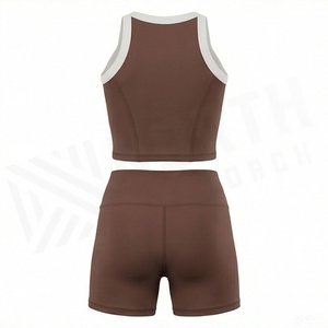 Conjunto de yoga marrón para mujer, top corto con espalda cruzada y bloques de color, shorts de cintura alta con rayas laterales, conjunto de 2 piezas para gimnasio - Product Image 2