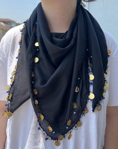 Handmade Silk Stretchable <b>Black</b> Square Scarf Gold Coin Blue Bead Trim for Women Embroidery Crafts Cross-stitching Needlework - Product Image 1