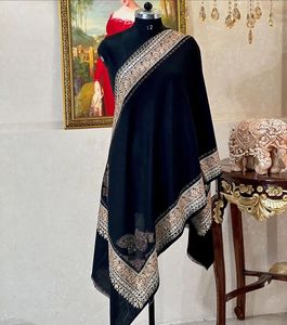 Women's Long Wool Shawl with Gold Embroidery Geometric Pattern Lightweight Durable Black and Beige Edge for Winter Daily Wear - Product Image 4