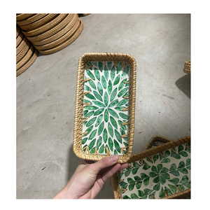 Handmade <b>Bamboo</b> Rectangular Tray With Green Leaf Pattern Bohemian Style Table Decoration - Product Image 1