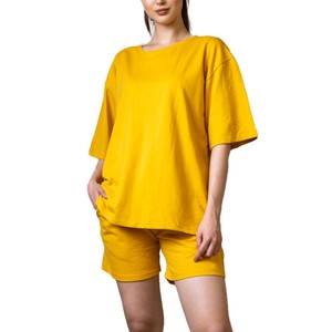 Women's Yellow 2-Piece <b>Knitted</b> <b>Set</b> O-Neck Short Sleeve Top With Above Knee Shorts Solid Loose Fit Casual Spring Summer Wear - Product Image 6