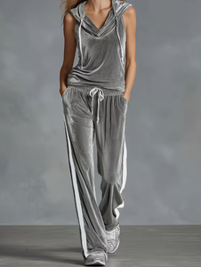Women's Velvet Hooded Tracksuit Two Piece <b>Set</b> Sleeveless Solid Color Loose Fit Casual Wear Full Length Pants With Side Stripe - Product Image 1