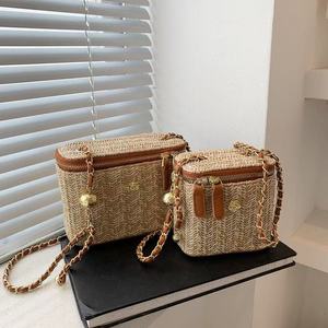 New Customized Women's Crochet <b>Straw</b> Woven Fashion Box Shoulder <b>Bag</b> with Chain Strap for Winter Beach Crossbody Use - Product Image 1
