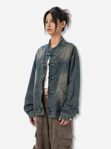 New <b>Custom</b> Oversized Men's <b>Denim</b> <b>Jacket</b> with Stand Collar and Front Logo Vintage Long Sleeve Winter Outerwear - Product Image 4