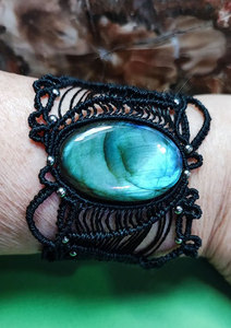 Black Macrame Labradorite Statement Cuff <b>Bracelet</b> Handmade Boho Healing Crystal <b>Adjustable</b> Cord Beaded Jewelry Wholesale - Product Image 4