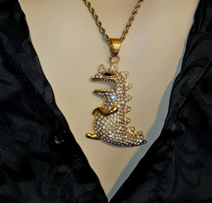 Collier pendentif dinosaure en acier inoxydable plaqué or avec strass en cristal, bijou animalier pour soirée - Product Image 1