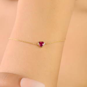 Pulsera Sencilla y Delicada con Forma de Corazón y Rubí, Cadena de Oro Amarillo Sólido de 14K, Regalo para el Día de San Valentín, Joyería Fina - Product Image 2