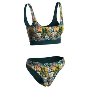 Conjunto de Bikini Floral Tropical para Mujer, Top Corto con Cuello Redondo, Braguita Hipster, Spandex, Poliéster Elástico, Estampado, Traje de Baño de Dos Piezas - Product Image 5