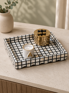 Nouveau plateau décoratif rectangulaire en os incrusté, motif géométrique bleu et blanc, style méditerranéen, avec poignée, design royal - Product Image 4
