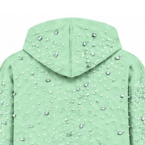 Sweat à capuche vert menthe avec fermeture éclair et perles, veste streetwear tendance à manches longues, sweat-shirt décontracté à capuche avec poches avant - Product Image 4