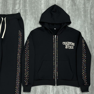 Custom Oversized Acid Wash Two-Piece Streetwear Tracksuit Colorful Rhinestones Zip up Hoodie and <b>Sweatpants</b> <b>Set</b> - Product Image 3