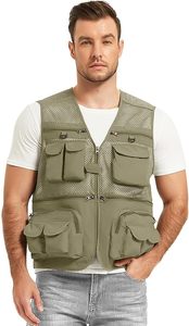 Gilet de pêche multi-poches vert olive pour homme, respirant, fermeture éclair, gilet utilitaire d'extérieur pour adultes - Product Image 1