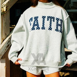 Sudadera de cuello alto oversize para mujer al por mayor con estampado de lunares y letras, logo personalizado, manga corta, invierno - Product Image 4
