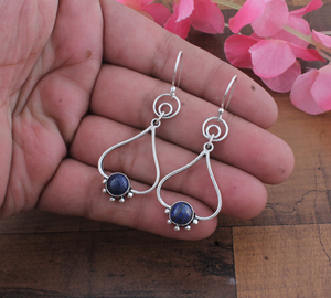925 <b>Sterling</b> <b>Silver</b> Gold Plated Blue Lace Agate Vintage Drop Earrings | Wholesale Handcrafted Open Teardrop Anniversary Party - Product Image 4