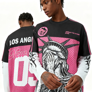 T-shirt à manches doubles en jersey streetwear, impression numérique, vêtements de créateur, maillots de football roses - Product Image 1