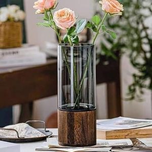 Vase à fleurs en verre transparent avec base en bois, récipient floral rond pour la décoration de la maison et des mariages - Product Image 1