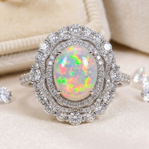แหวนหมั้นหรูหราประดับเพชรทรงกลมแบบเฮโล แหวนโอปอลเวโล แหวนโอปอลเอธิโอเปียแท้ แหวนเงินแท้ 925 สำหรับผู้หญิง - Product Image 5