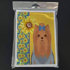 Whimsical Summer Sunflowers Blue Tan Yorkshire Terrier Tarjetas de felicitación Pack 8 A7 Tamaño 5x7 Tarjetas de nota en blanco con sobres - Product Image 3