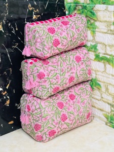 Elegant Floral Print 3-Piece Cosmetic <b>Bag</b> Set Handmade <b>Quilted</b> Cotton Toiletry Pouch Zipper Chains Travel Accessories Organizer - Product Image 2