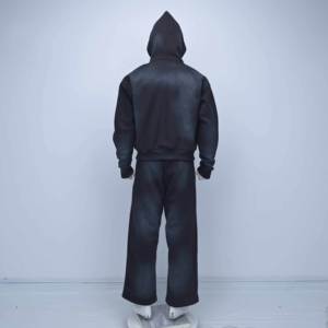 Conjunto Deportivo de Alta Calidad con Logotipo Personalizado, Sudadera con Capucha Negra Deslavada Unisex y Pantalones Deportivos Anchos de Felpa de Algodón - Product Image 2