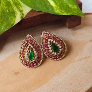 Pear Cut Ruby Stud Earrings 24K Gold Plated Zircon Jewelry - Product Image 1