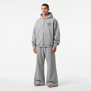 Relaxed Fit Cotton Fleece Tracksuit Custom Logo Two Piece Set <b>Full</b> <b>Zip</b> <b>Hoodie</b> Wide Leg Pant For Men - Product Image 1