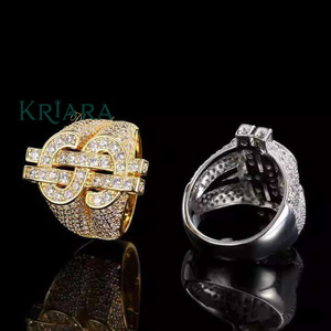 Anillo de cóctel para hombre de plata 925 chapado en oro de 18K con moissanita, diseño de signo de dólar, engaste pavé, estilo hip-hop, corte brillante redondo, forma de letra - Product Image 3