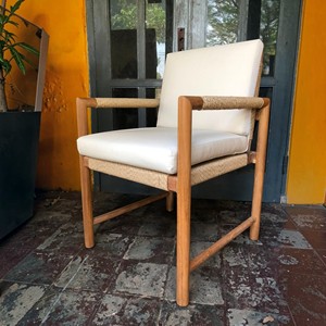 Japandi Teak Wooden <b>Armchair</b> with Woven Rope Cushion Accent <b>Dining</b> Chair Solid Wood Lounge <b>Armchair</b> for Modern Home Living Room - Product Image 5