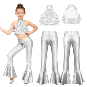 6-16 Kids Girls <b>Sequin</b> Jazz Dance Costumes Performance Costume <b>Crop</b> <b>Top</b> With Bell-Bottom Metallic Pants For Stage Shows Parties - Product Image 4