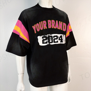 T-shirt noir surdimensionné pour homme, manches courtes, col rond, style streetwear, impression personnalisée, logo, bordure contrastée, 100% coton jersey - Product Image 1