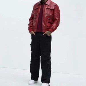 Custom <b>Men's</b> Red <b>Cargo</b> Leather Varsity <b>Jacket</b> Trending Plus Size with Stand Collar Front Logo Zipper Pocket - Product Image 6