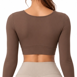 Top Corto de Yoga de Manga Larga para Mujer, Color Sólido, Cuello Redondo, Ropa Deportiva, Ropa de Yoga, Top Deportivo - Product Image 5