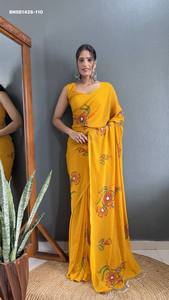 Magnifique collection de saris et chemisiers en fausse soie Georgette avec motif floral et végétal imprimé à la main, fournisseur de Surat - Product Image 3